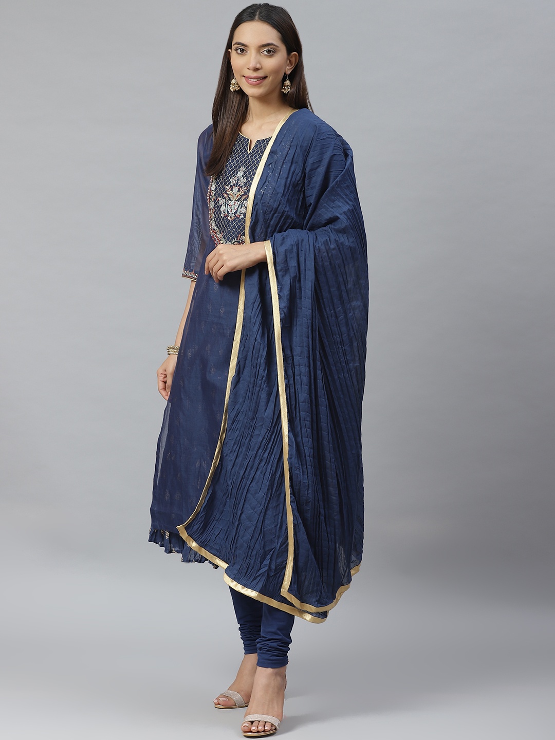 

Biba Women Navy Blue & Golden Yoke Design Layered Kurta with Churidar & Dupatta