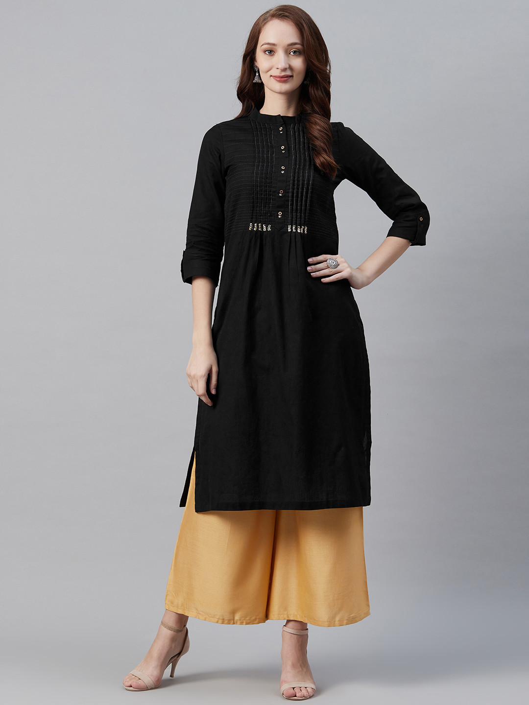 

Biba Women Black Yoke Design Straight Kurta