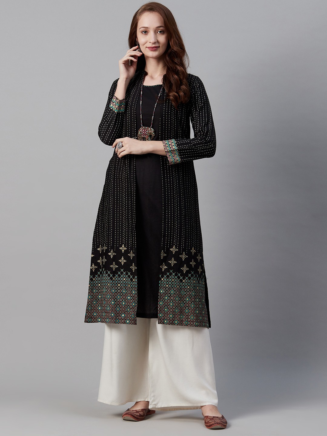 

Biba Women Black & Off-White Solid Straight Cotton Kurta With Printed Ethnic Jacket