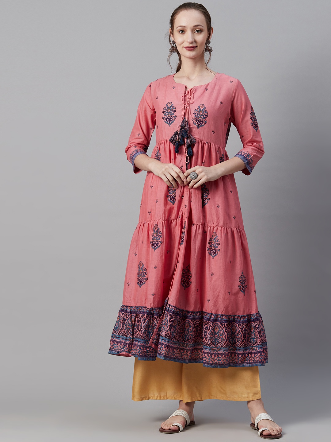 

Biba Women Pink & Blue Ethnic Motif Print Tiered A-Line Kurta