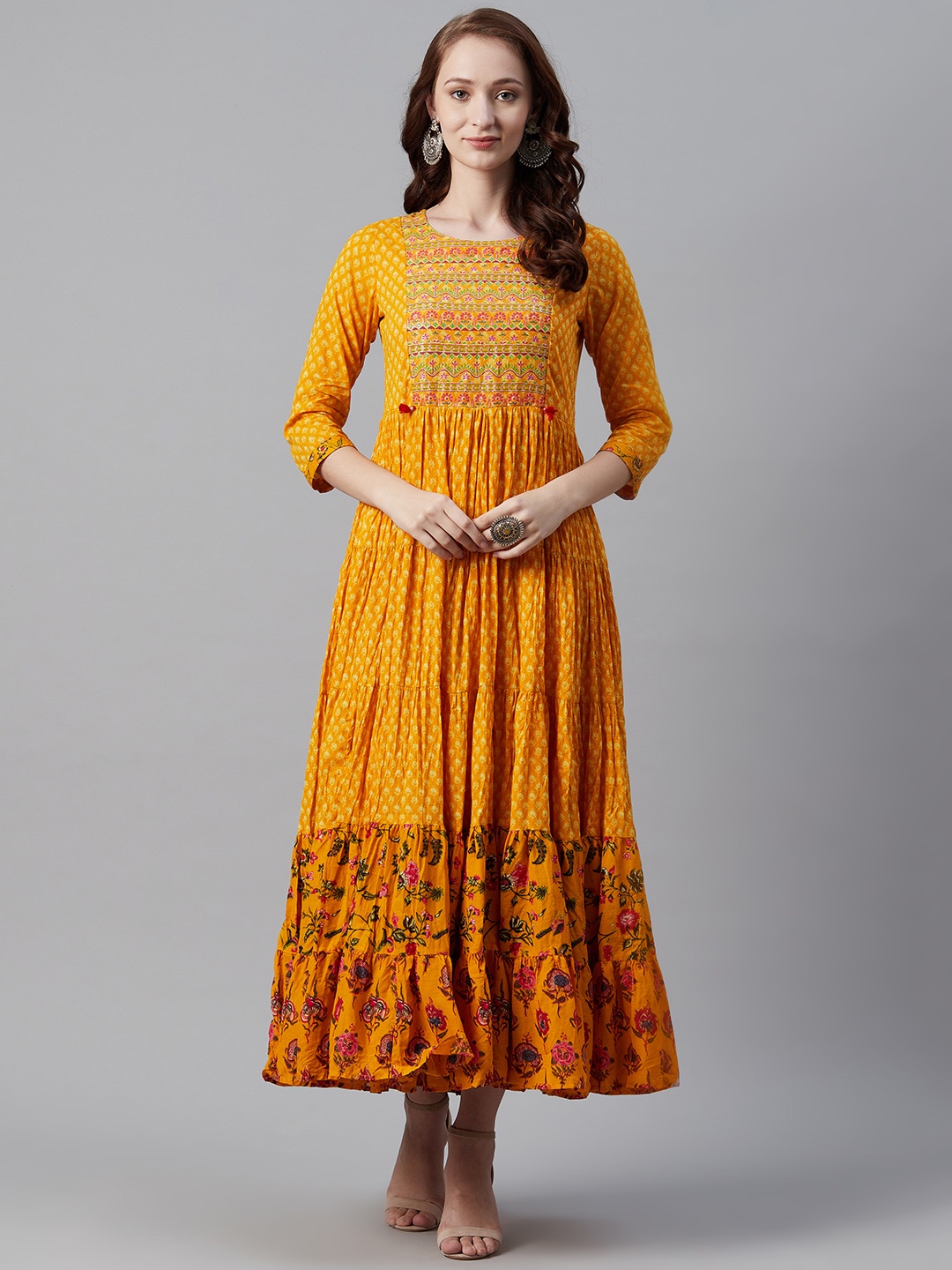 

Biba Women Mustard Yellow & Off-White Printed Tiered Maxi Dress