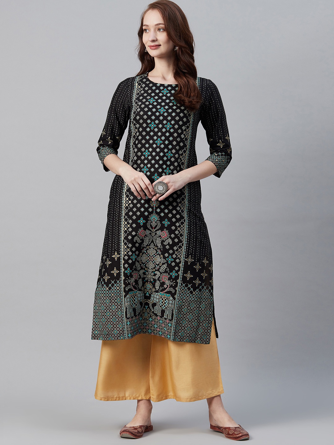 

Biba Women Black & Off-White Ethnic Motif Print Straight Kurta