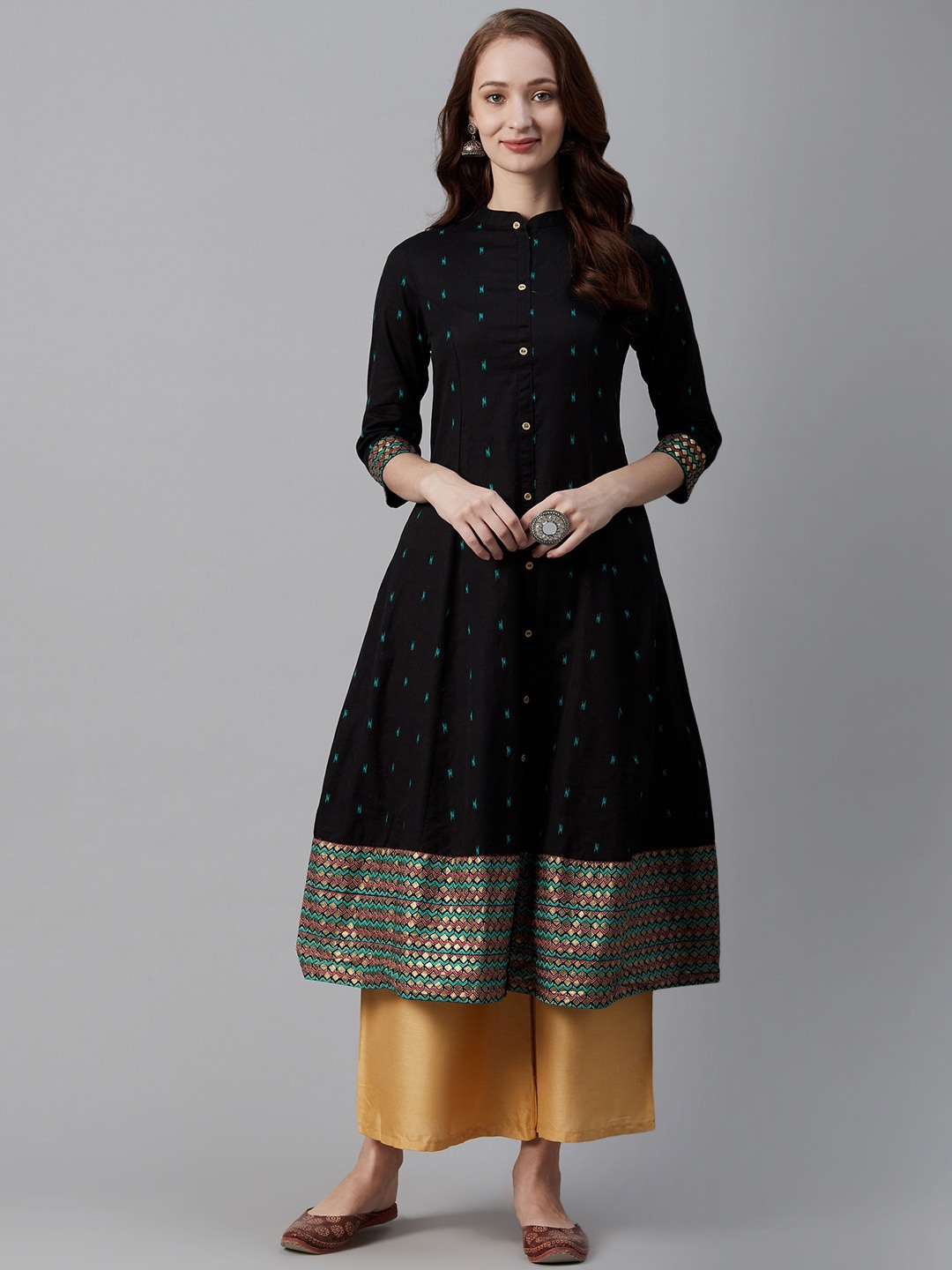 

Biba Women Black & Blue Woven Design A-Line Kurta