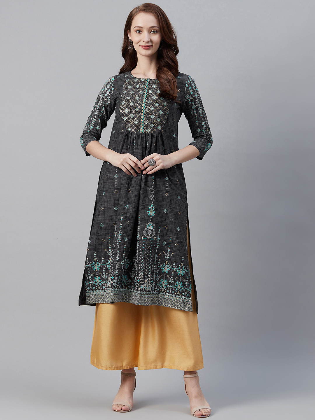 

Biba Women Black & Beige Ethnic Motif Print A-Line Kurta