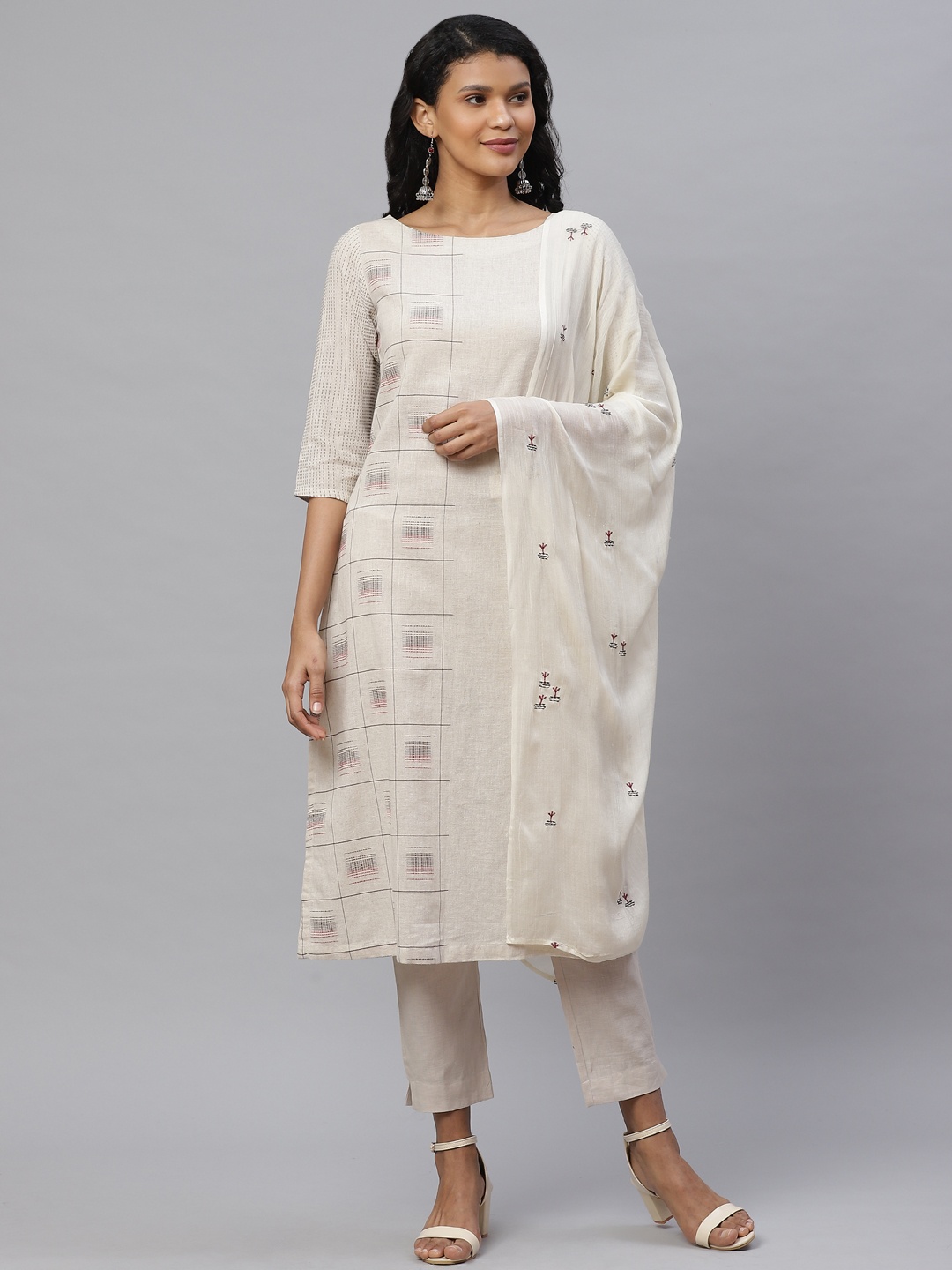 

Biba Women Off-White & Black Solid Kurta with Trousers & Dupatta
