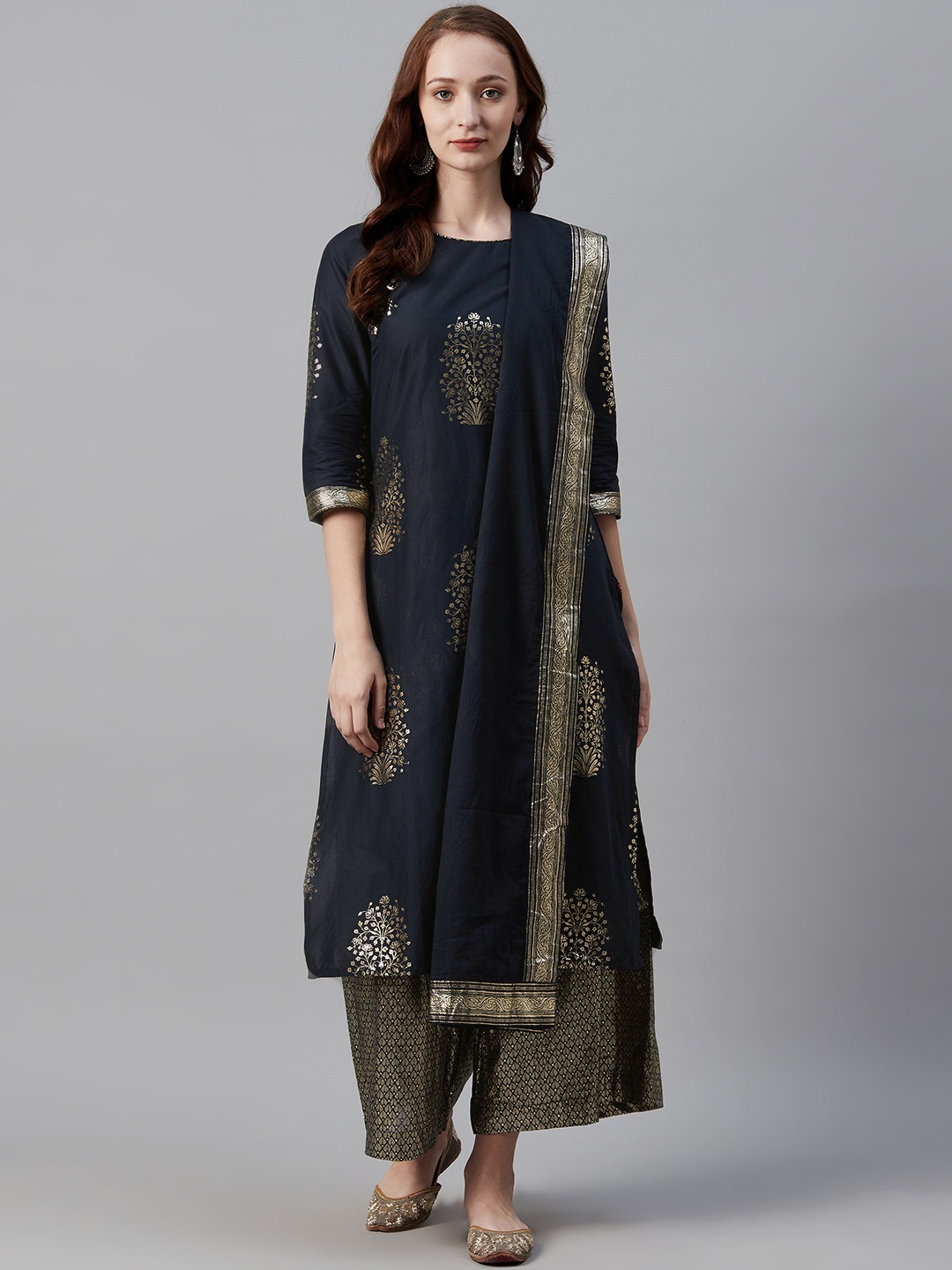 

Biba Women Navy Blue & Golden Printed Kurta with Palazzos & Dupatta