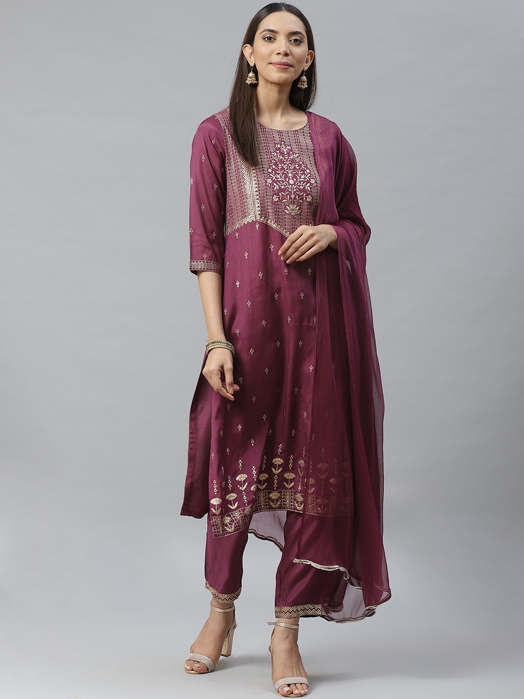 

Biba Women Purple & Golden Ethnic Motifs Print Kurta with Solid Trousers & Dupatta