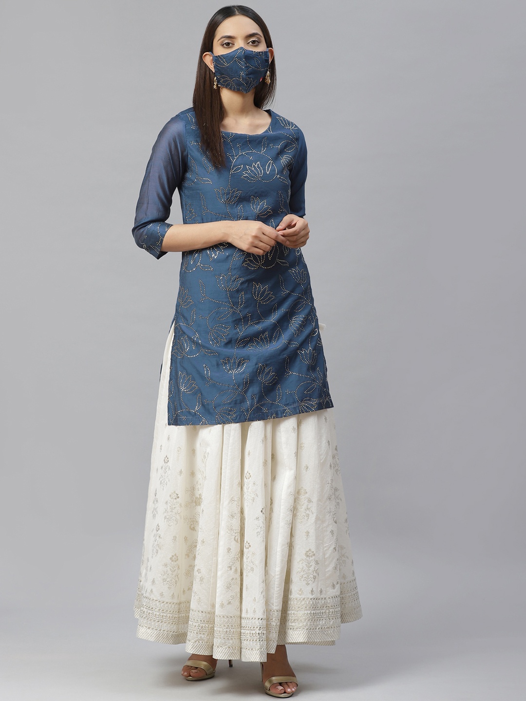 

Biba Women Navy Blue Golden Mukaish Work Straight Kurta