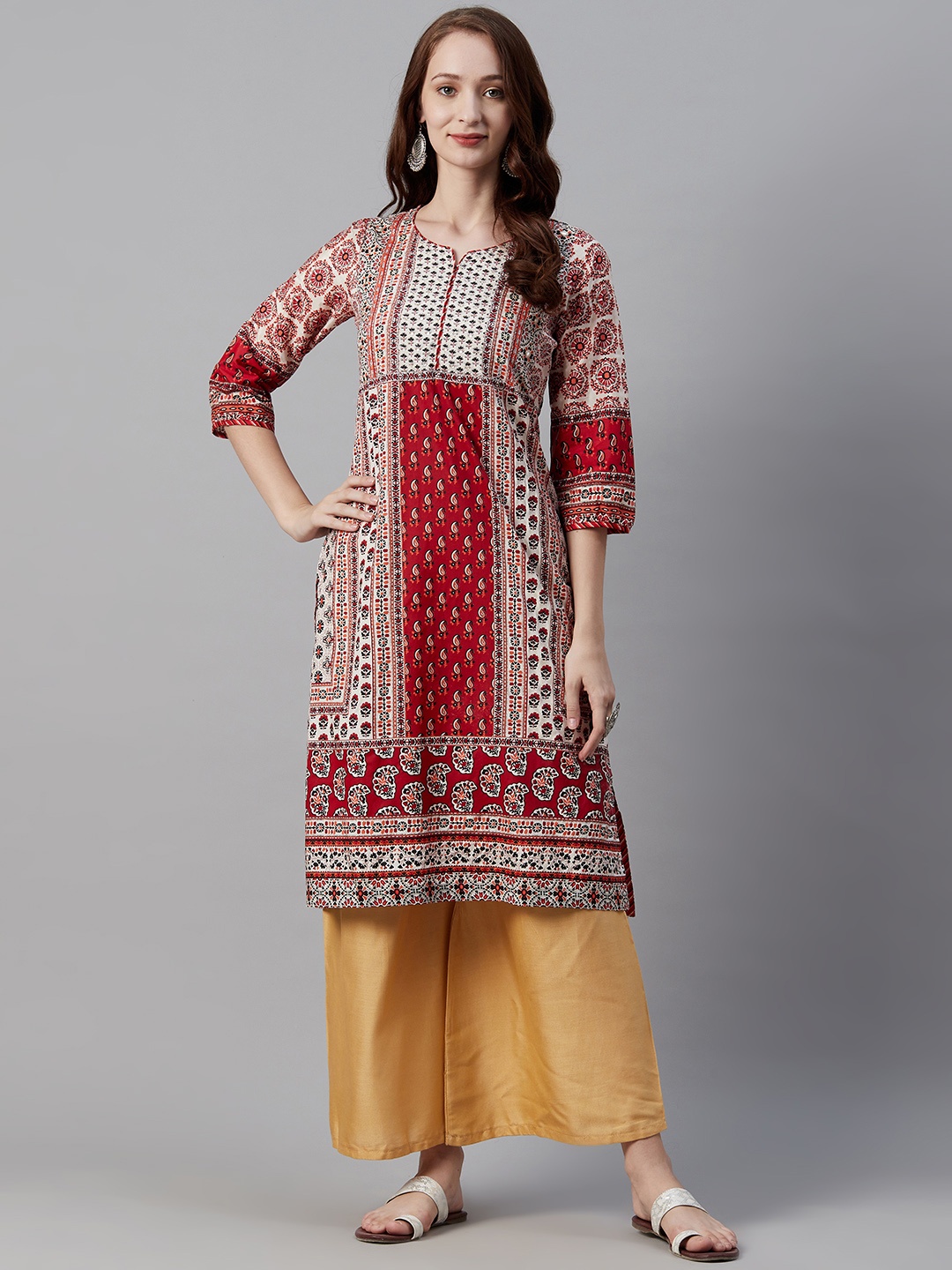 

Biba Women Maroon & Off-White Ethnic Motif Print Straight Kurta