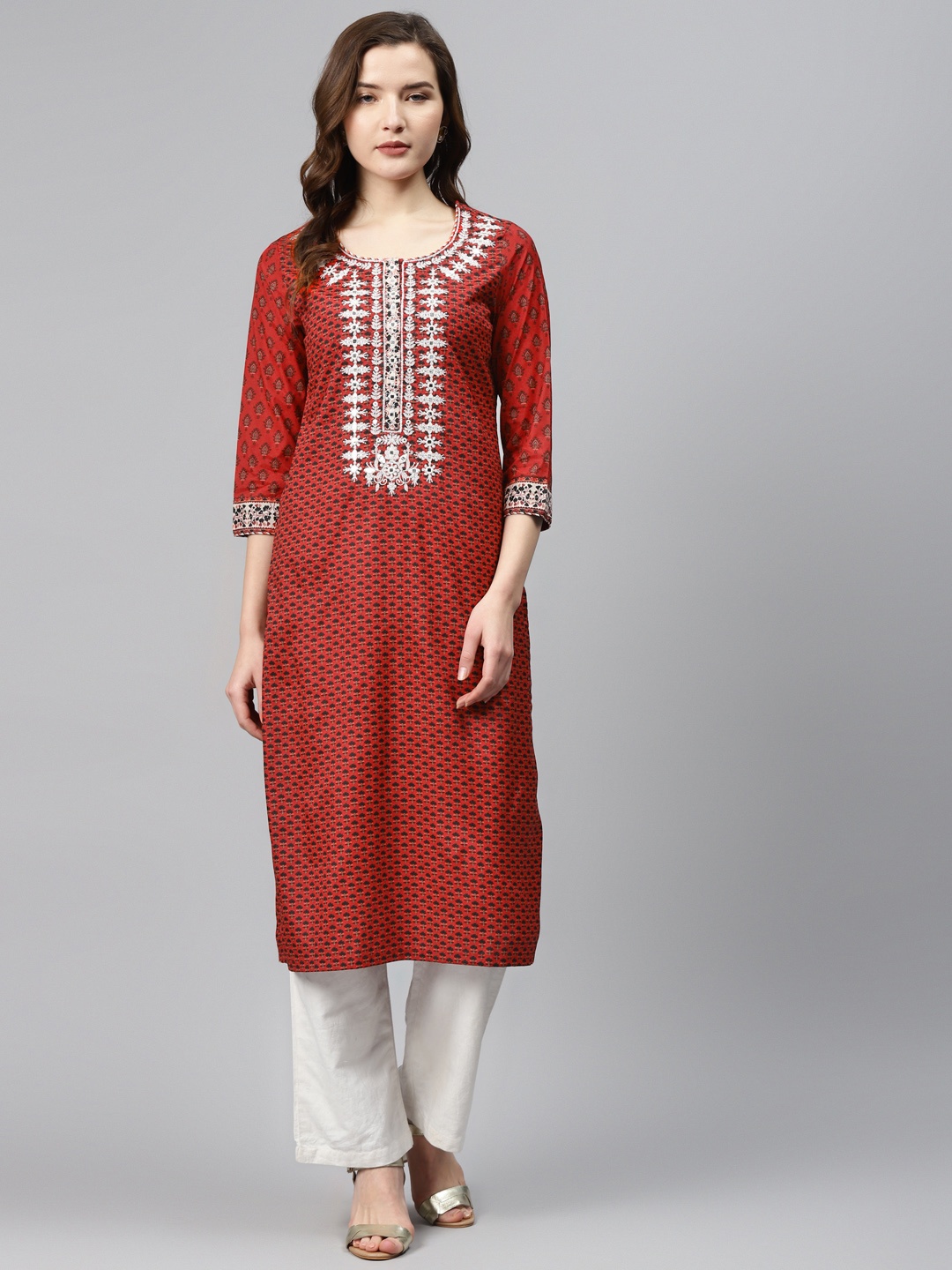 

Biba Women Maroon & Black Printed Straight Kurta