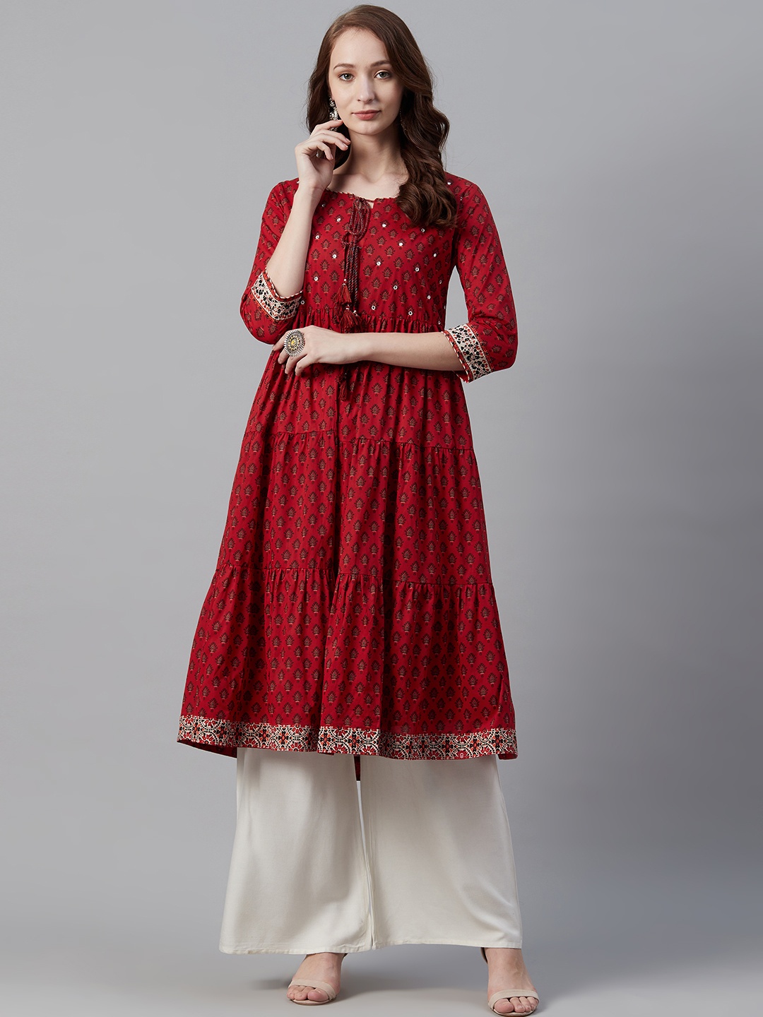 

Biba Women Maroon & Black Ethnic Motif Print Tiered A-Line Kurta