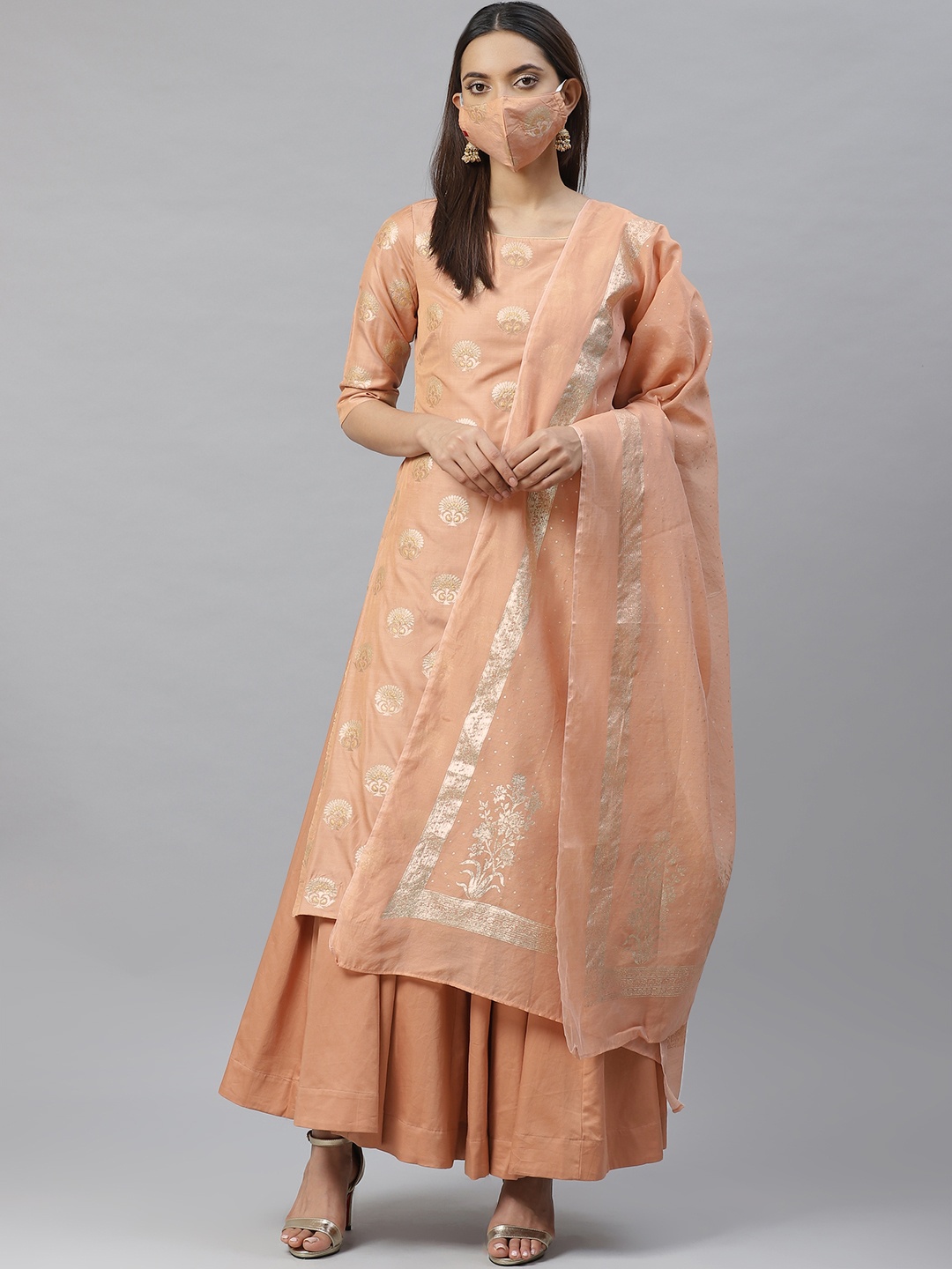 

Biba Women Peach-Coloured & Golden Woven Design Kurta with Palazzos & Dupatta