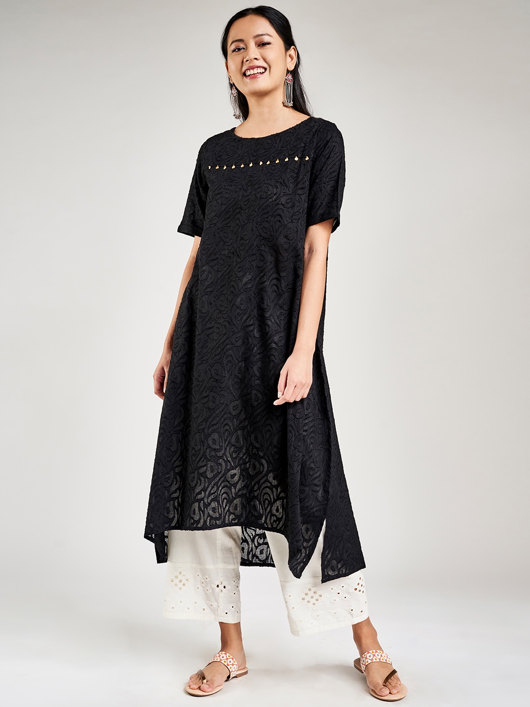 

Global Desi Women Black Woven Design A-Line Kurta