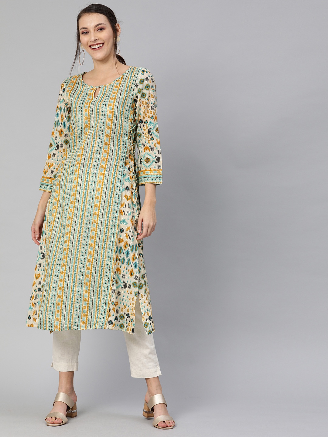 

Global Desi Women Off-White & Green Printed A-Line Kurta