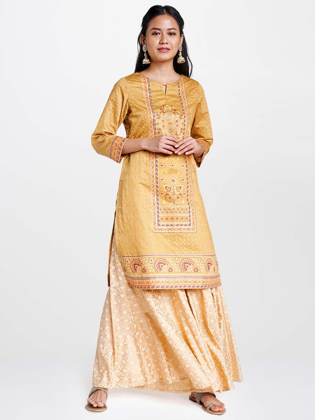 

Global Desi Women Mustard Yellow & Gold-toned Foil Ethnic Motifs Printed Kurta