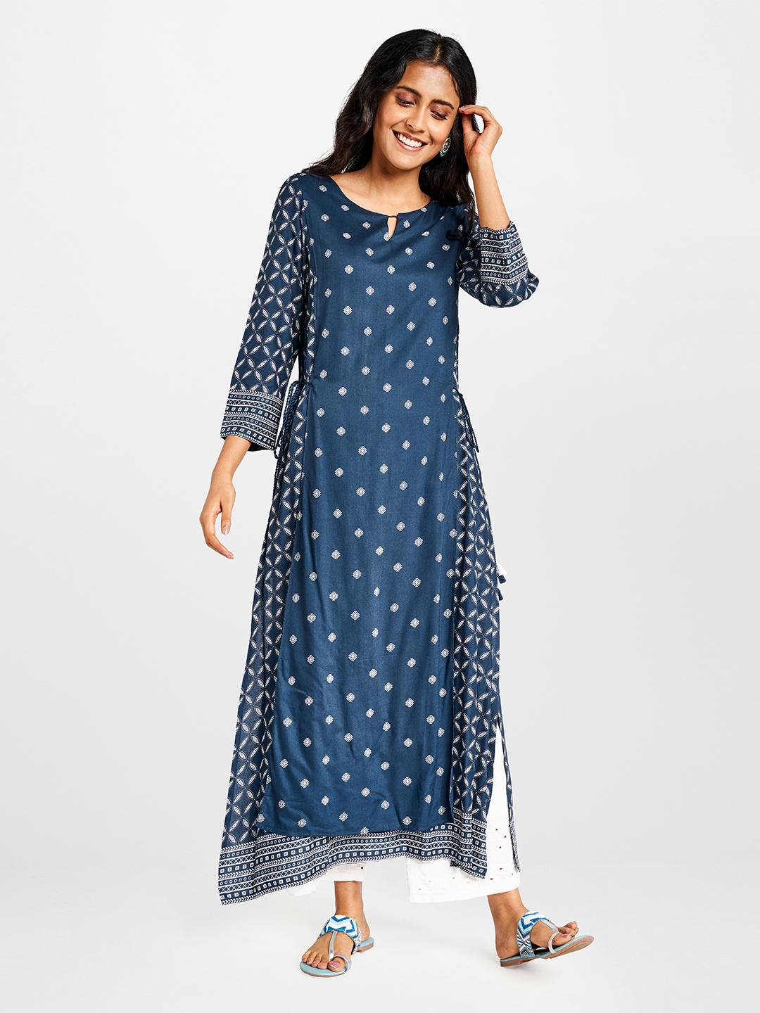 

Global Desi Women Navy Blue & White Printed A-Line Layered Kurta