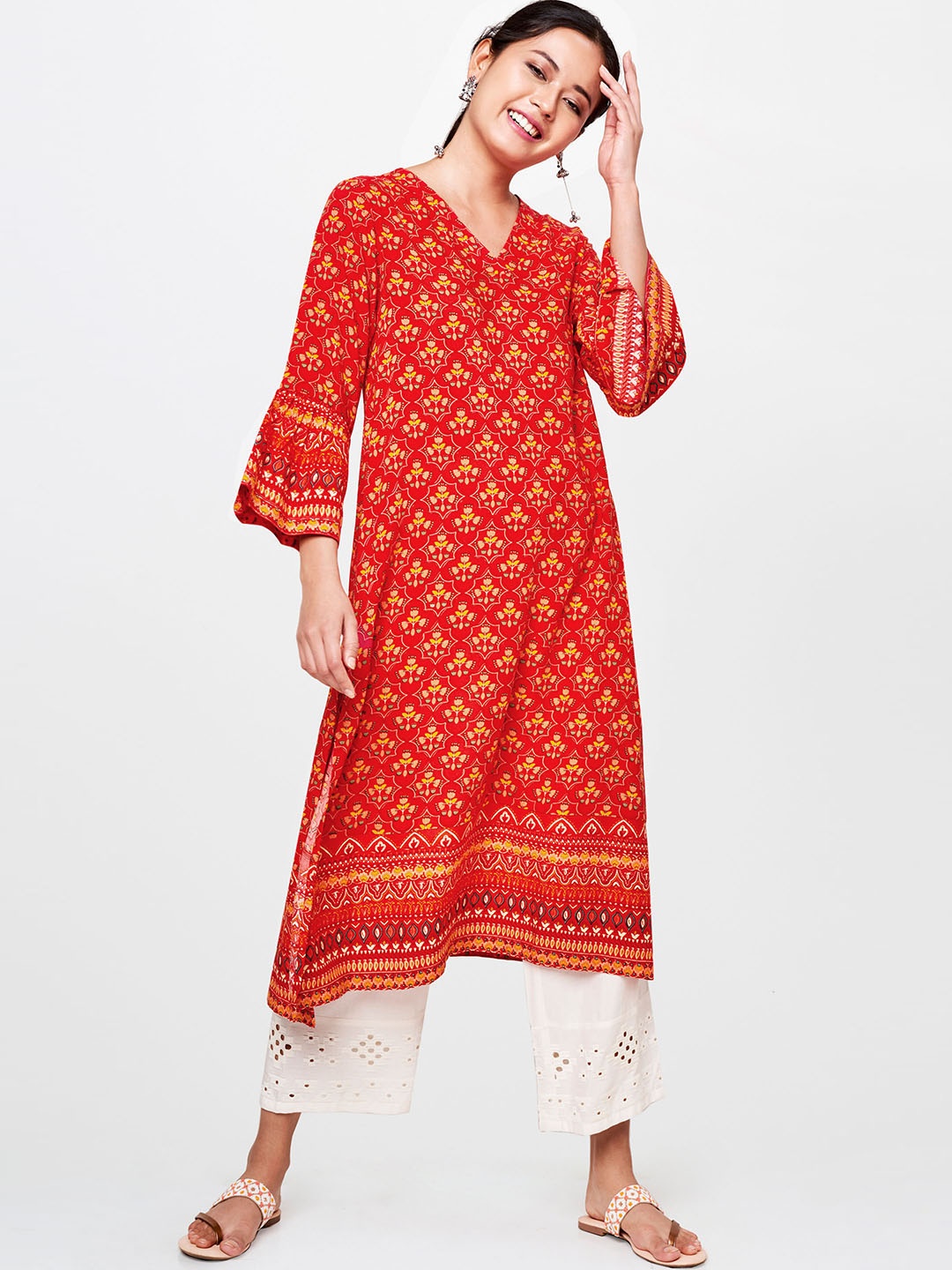 

Global Desi Women Red & Mustard Yellow Printed A-Line Kurta with Bell Sleeves