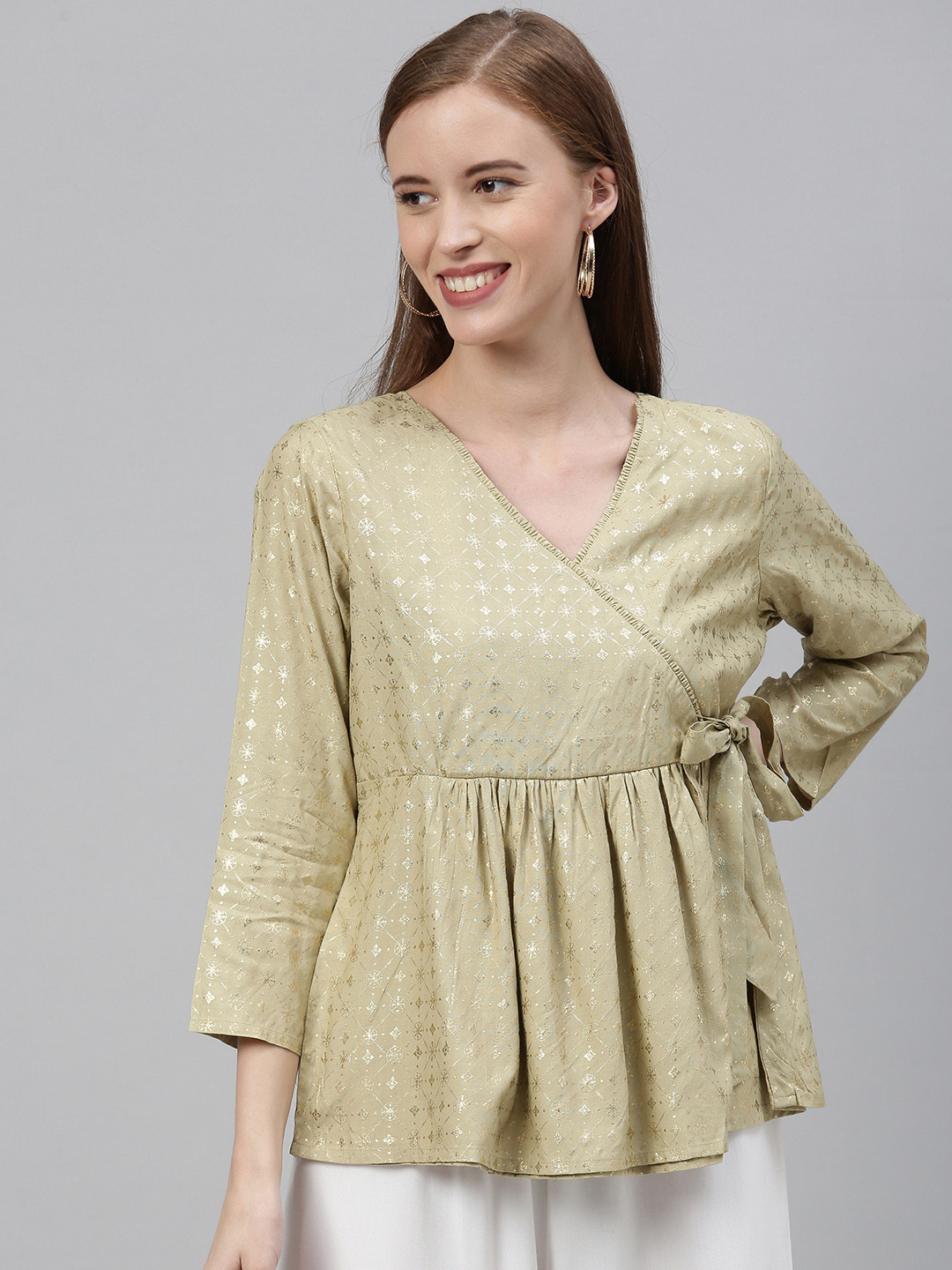 

Global Desi Women Beige & Golden Foil Printed Gathered Wrap Top
