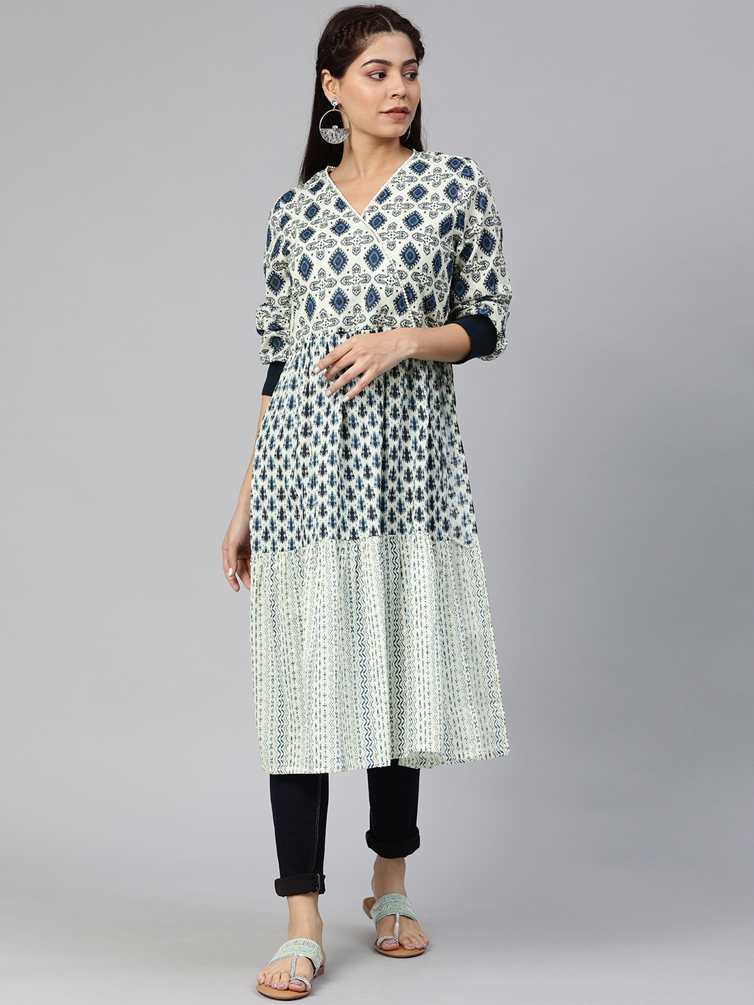 

Global Desi Women White & Blue Printed A-Line Angrakha Kurta with Gathers