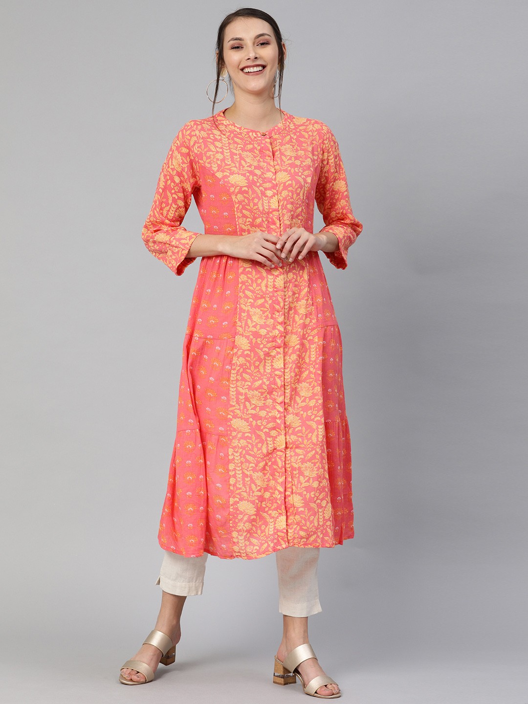 

Global Desi Women Pink Printed A-Line Kurta