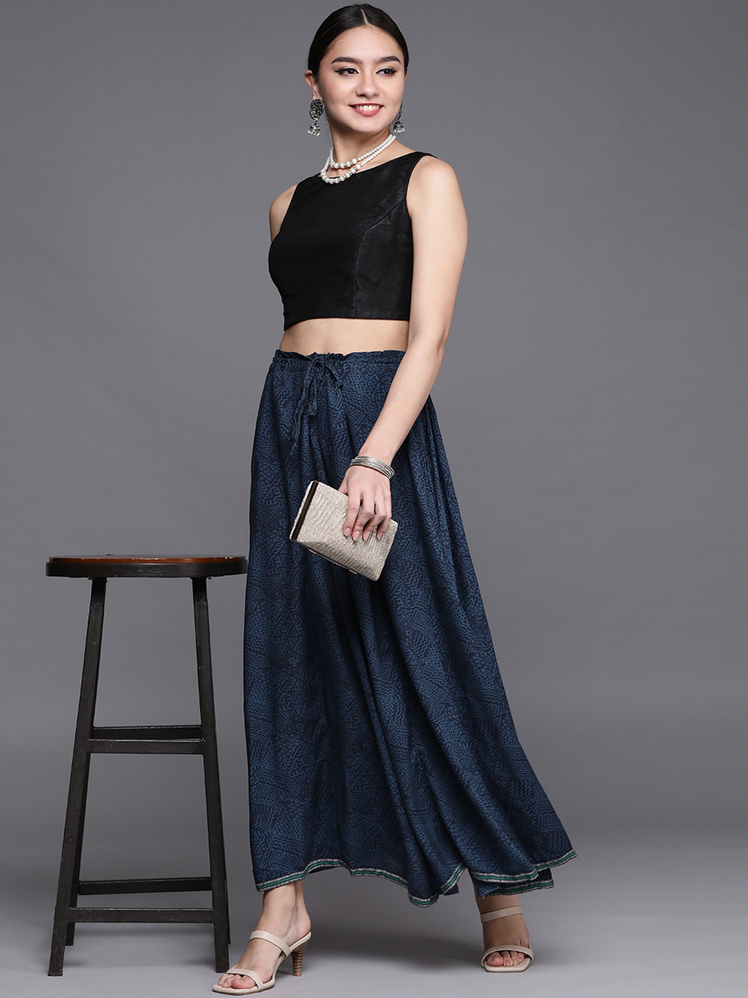 

Biba Women Navy Blue Geometric Print Flared Palazzos