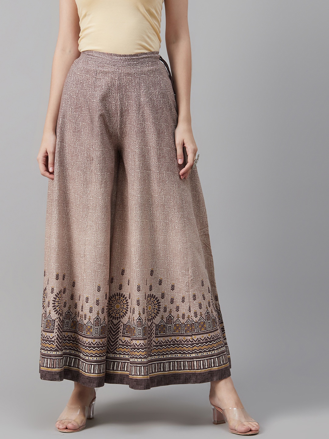 

Biba Women Beige & Brown Printed Flared Palazzos