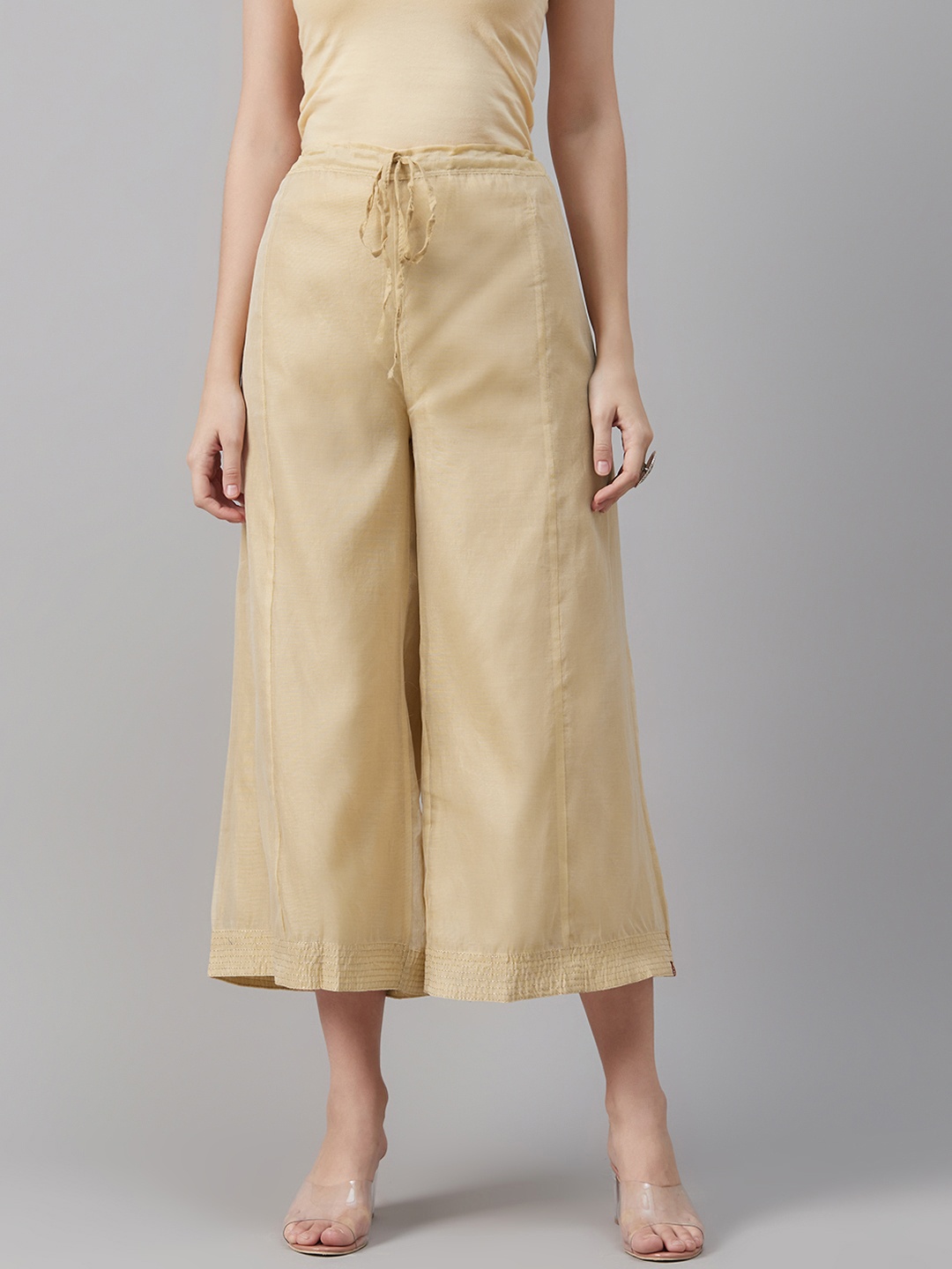 

Biba Women Beige Solid Cropped Wide Leg Palazzos