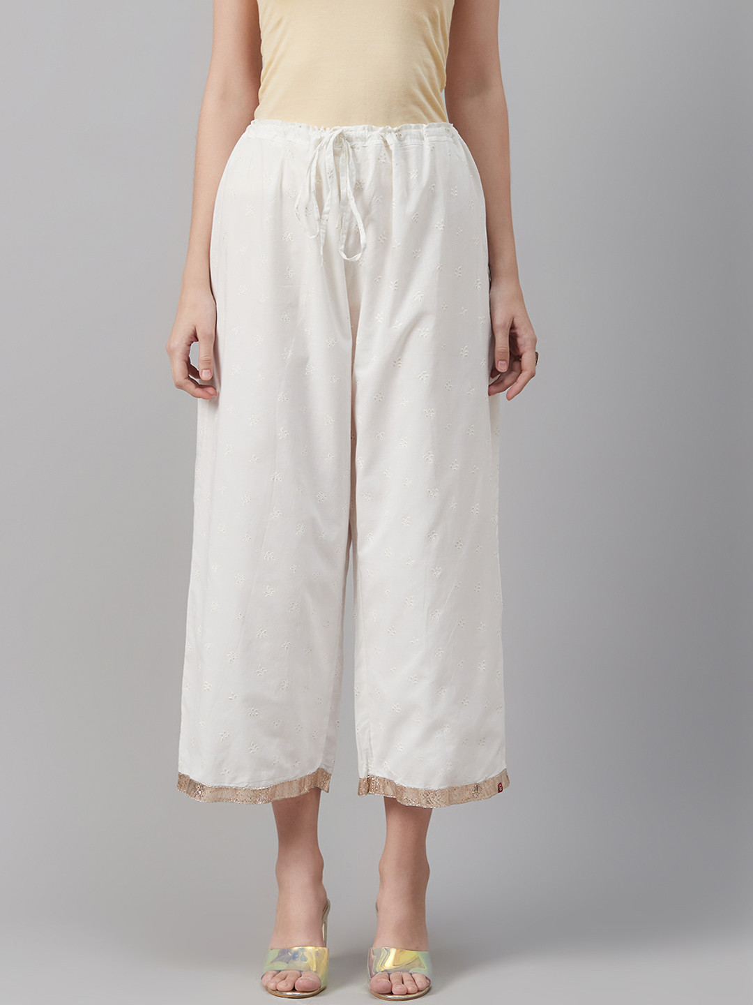 

Biba Women White & Golden Leaf Print Cropped Wide Leg Palazzos