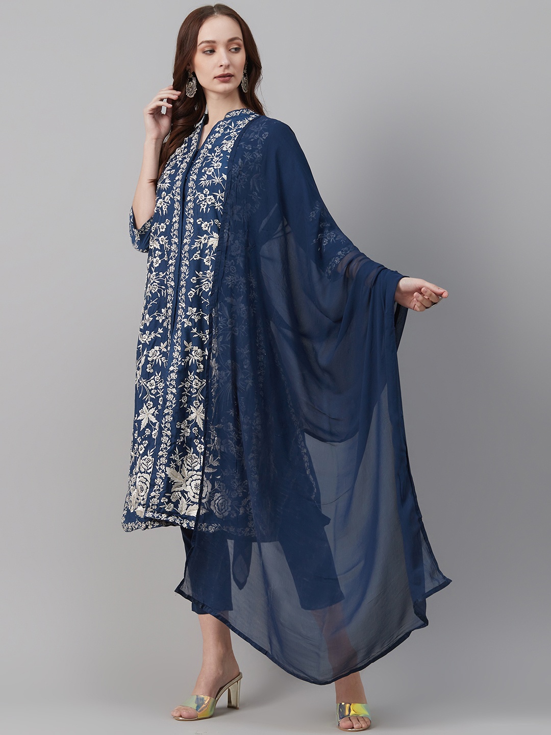 

Biba Women Navy Blue & White Embroidered Kurta with Trousers & Dupatta