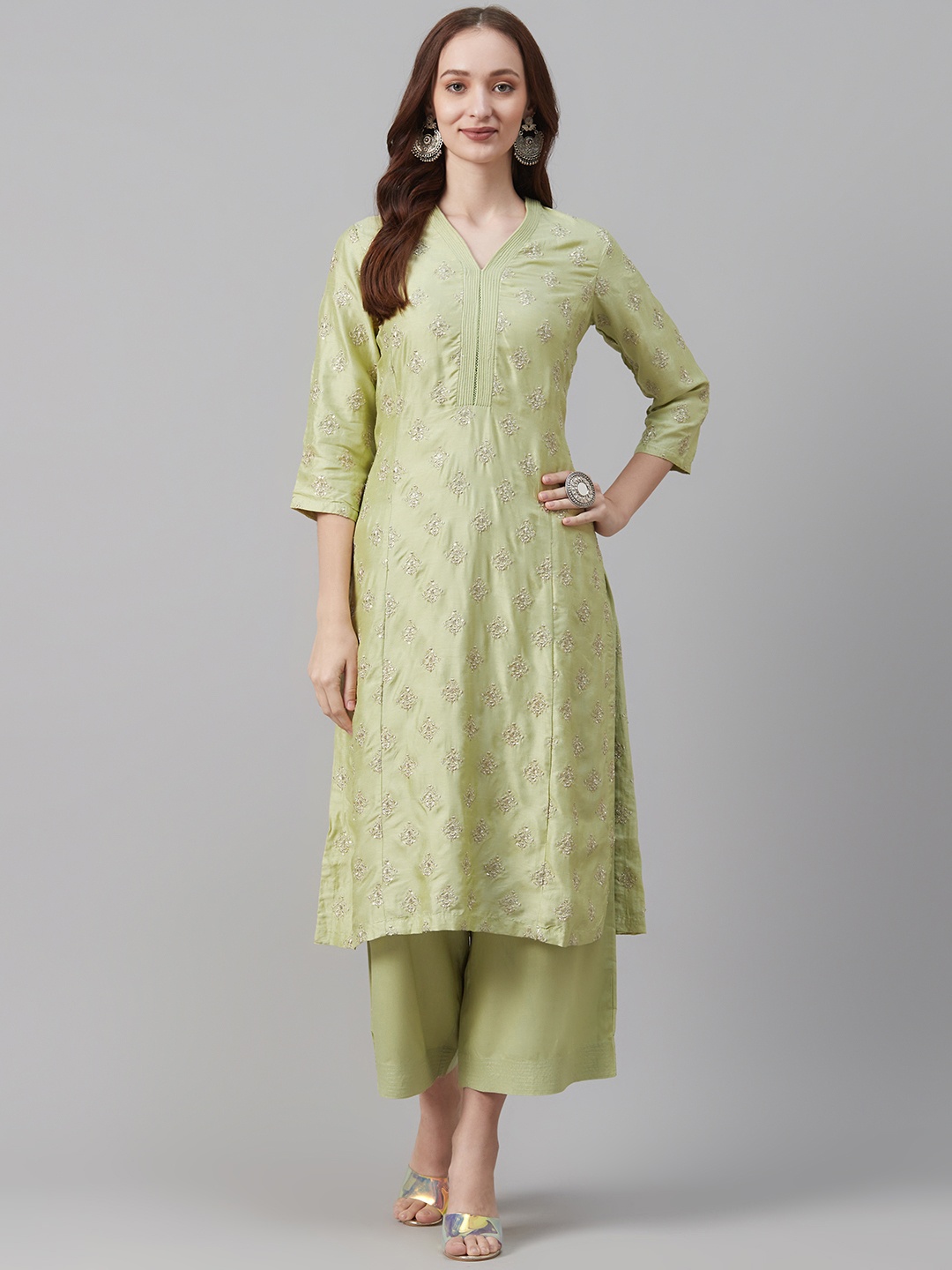 

Biba Women Green & Golden Embroidered Kurta with Palazzos & Dupatta