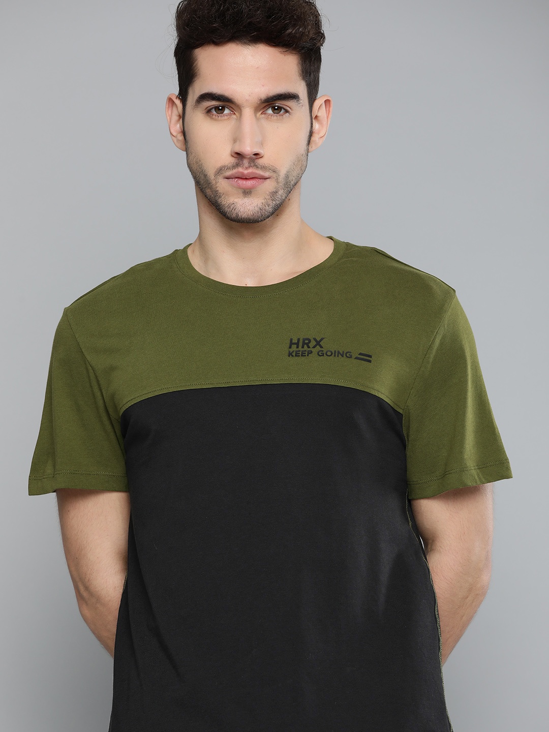 

HRX by Hrithik Roshan Men Avocado Colourblocked Bio-Wash Antimicrobial Lifestyle Pure Cotton T-shirt, Black