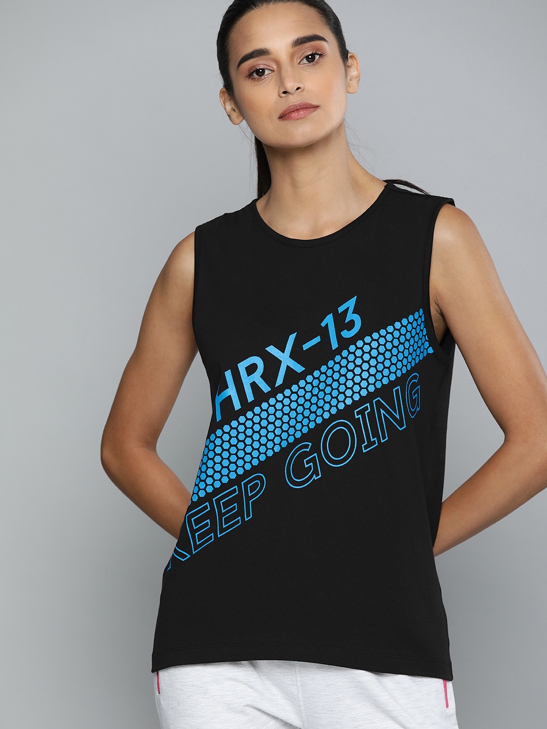 

HRX by Hrithik Roshan Women Black Printed Round Neck Pure Cotton T-shirt