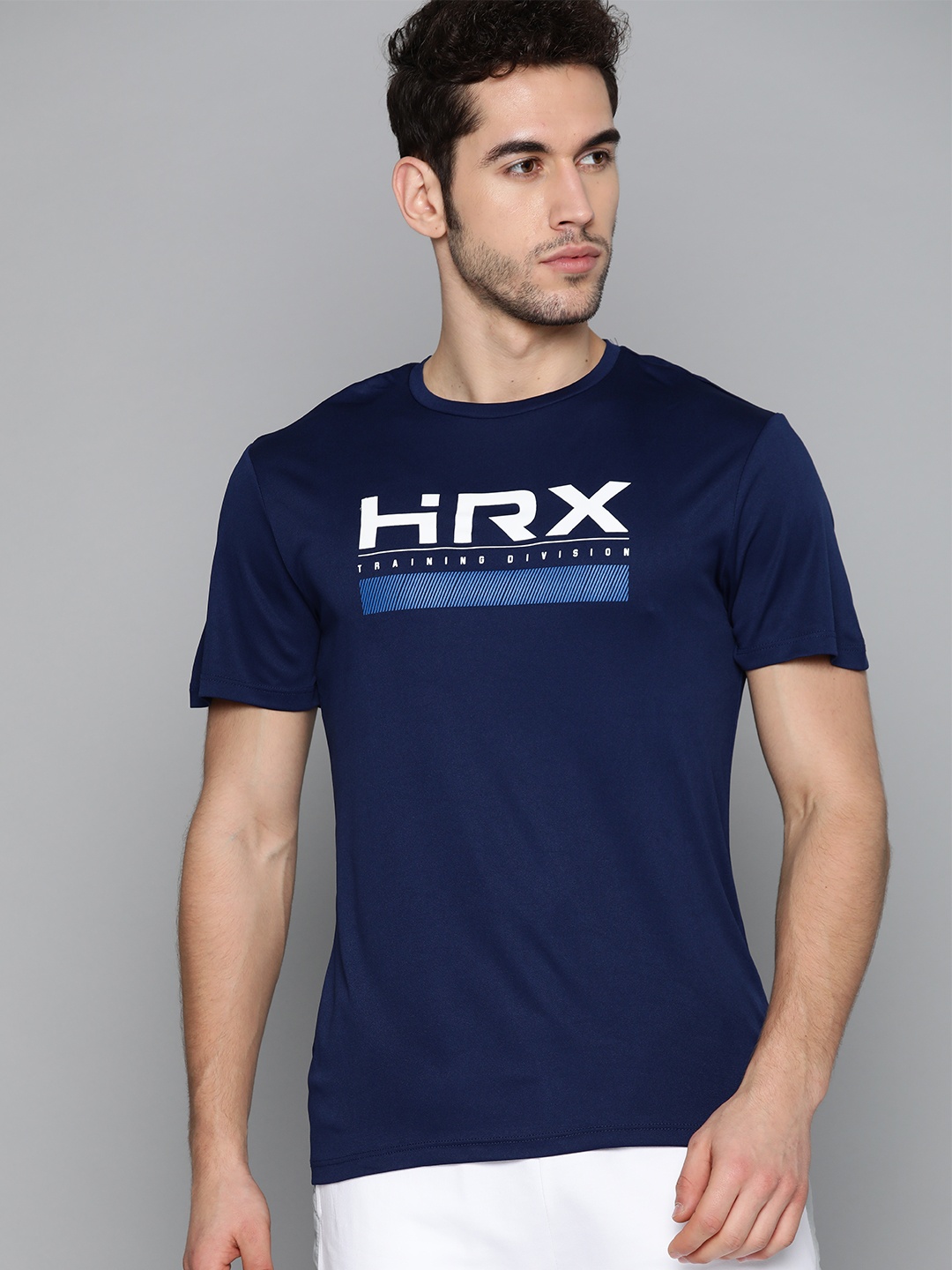 

HRX by Hrithik Roshan Men Medieval Blue Printed Rapid-Dry Antimicrobial Training T-shirt, Navy blue