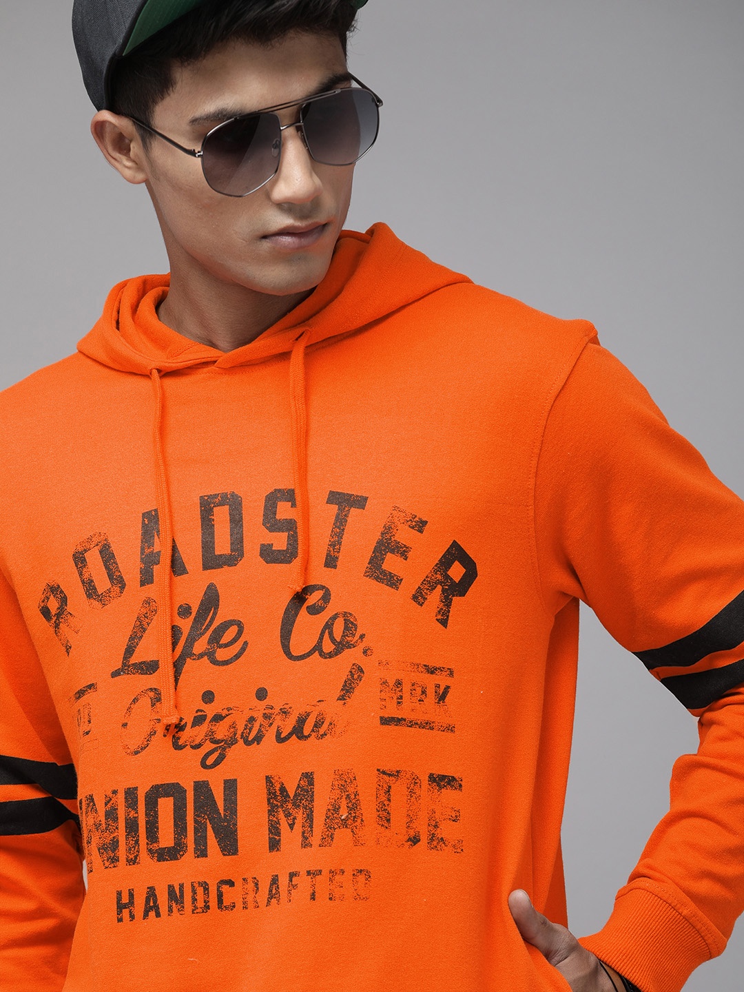 

Roadster Men Orange Printed Hooded Sweatshirt