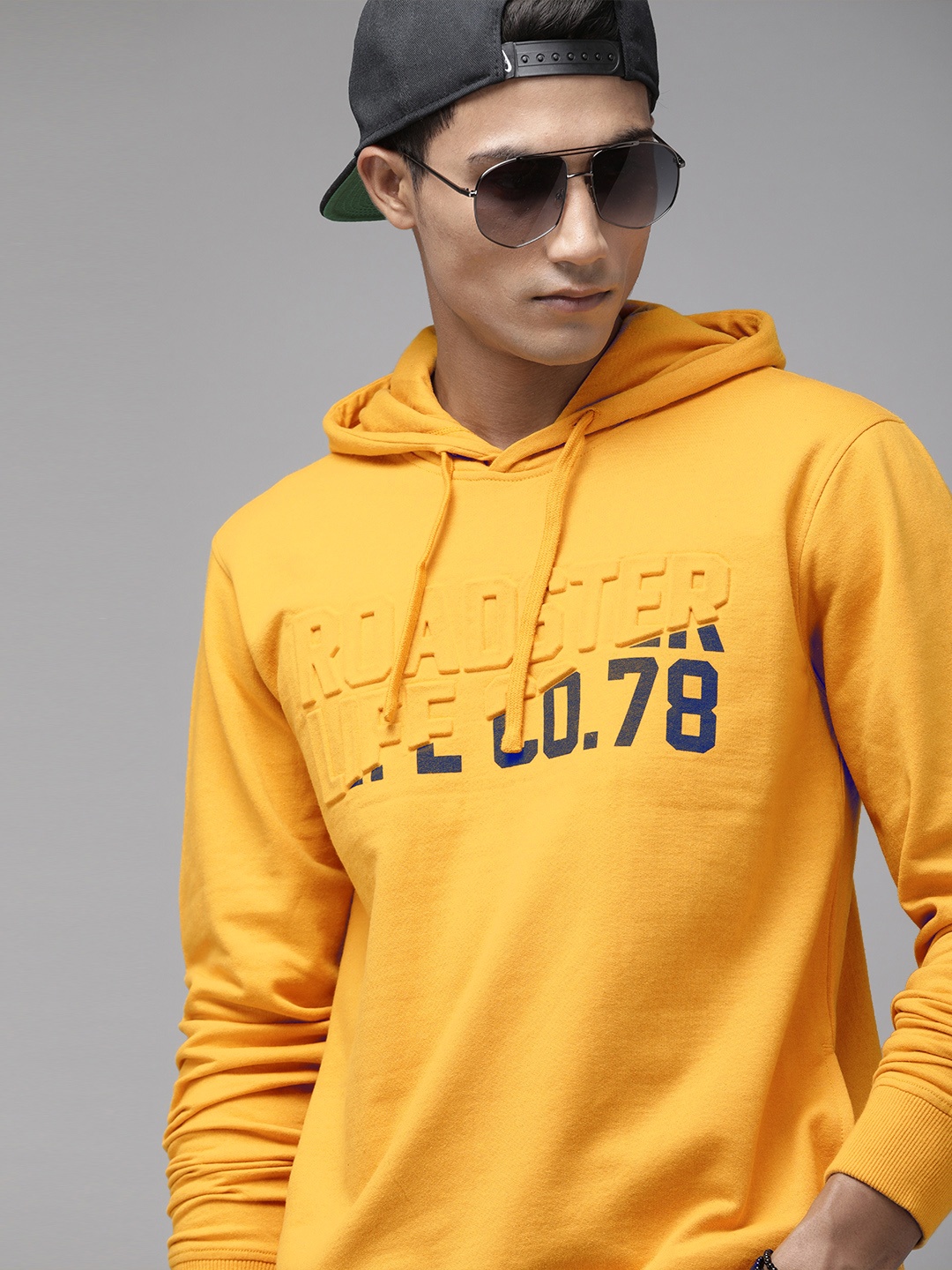 

Roadster Men Yellow Embossed Hooded Sweatshirt