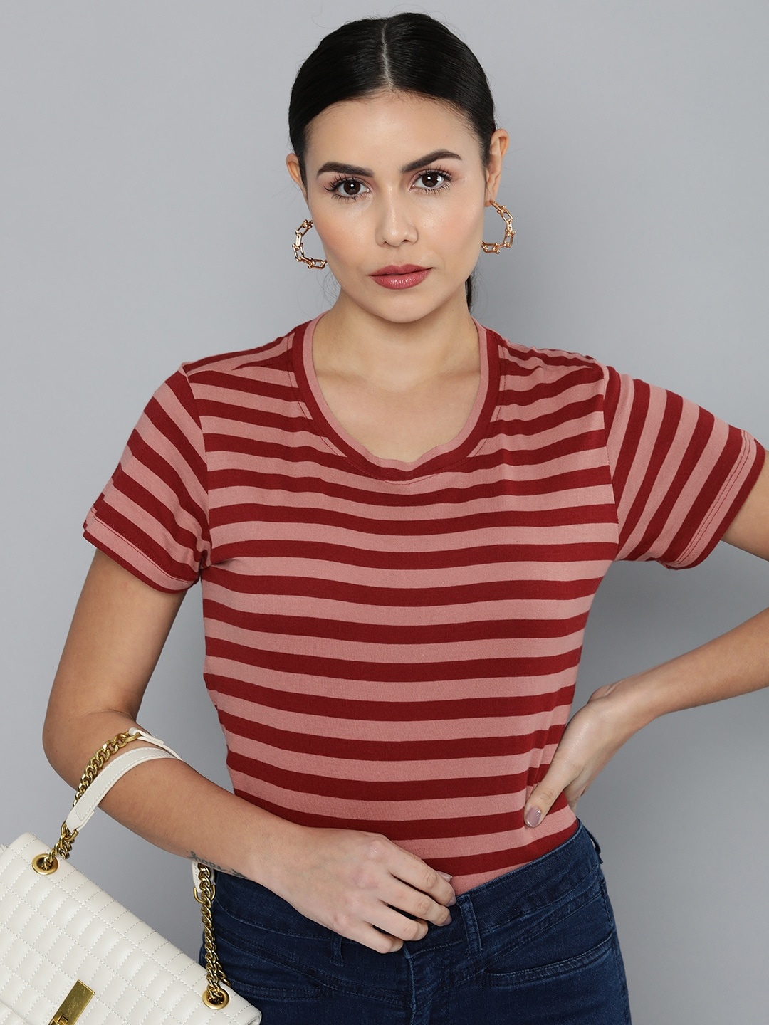 

Chemistry Women Pink & Peach-Coloured Striped Pure Cotton Casual T-shirt