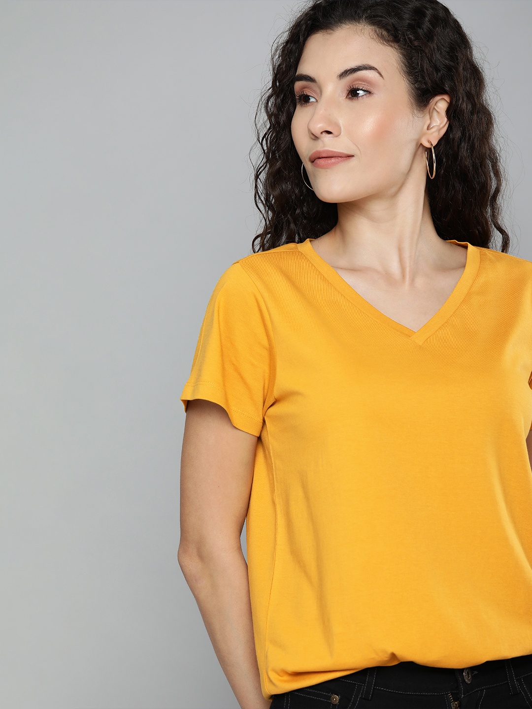 

Chemistry Women Yellow Solid V-Neck Pure Cotton T-shirt