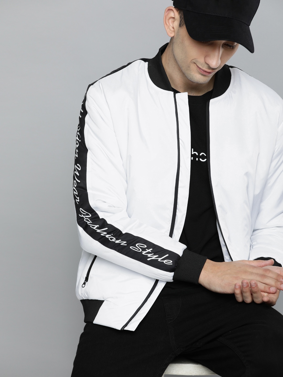 

HERE&NOW Men White Solid Bomber Jacket