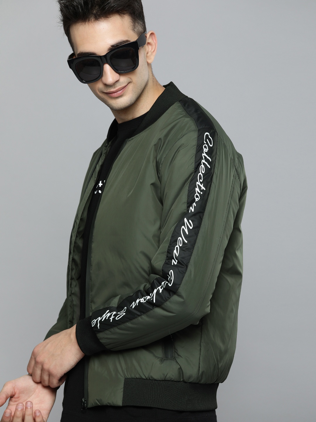 

HERE&NOW Men Olive Green Solid Bomber Jacket With Printed Detailing