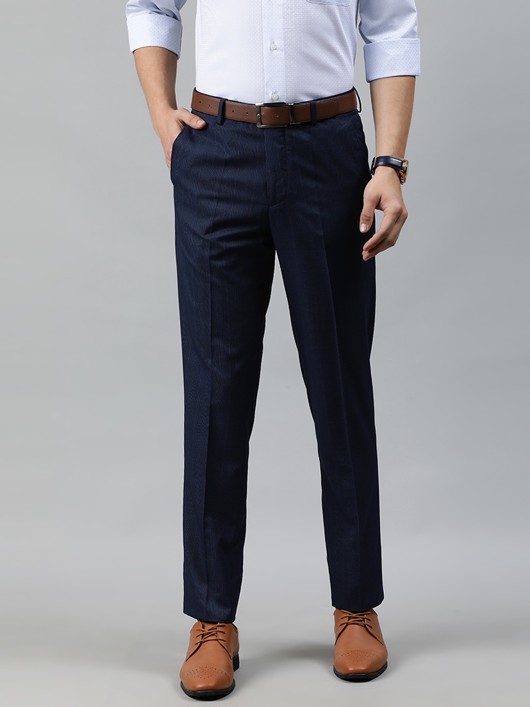 

Arrow Men Navy Blue Tapered Fit Checked Formal Trousers