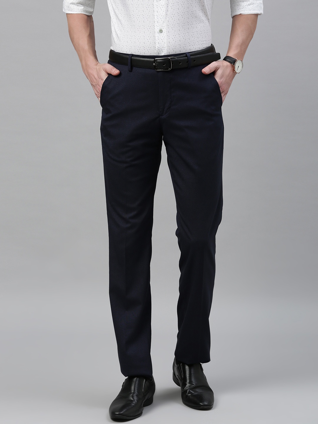 

Arrow New York Men Navy Blue Tapered Fit Solid Formal Trousers