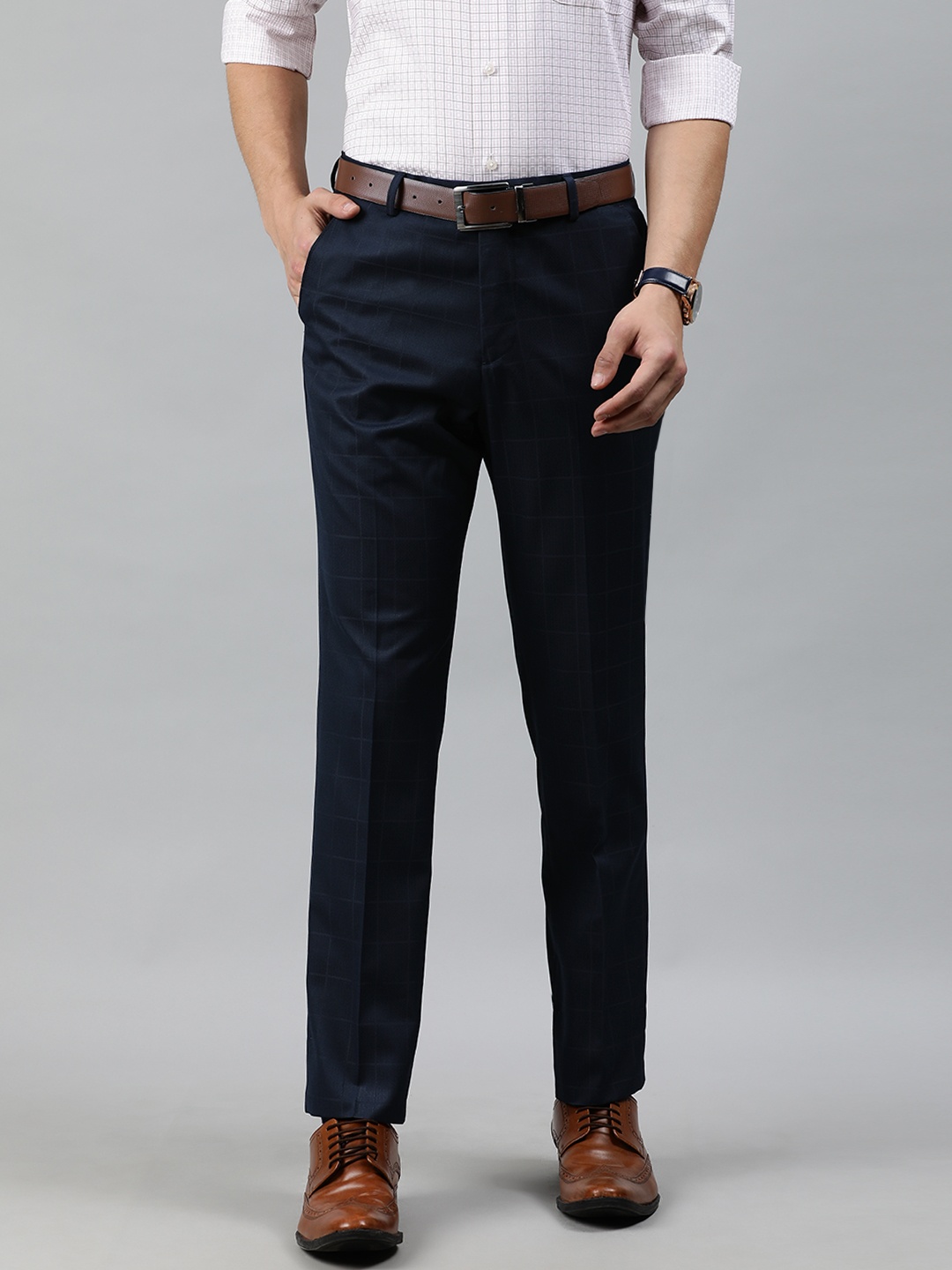 

Arrow Men Navy Blue Tapered Fit Checked Formal Trousers