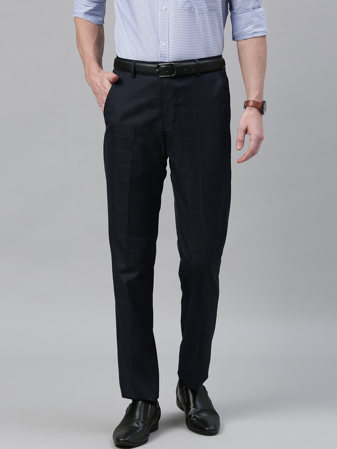 

Arrow New York Men Navy Blue Tapered Fit Checked Regular Trousers