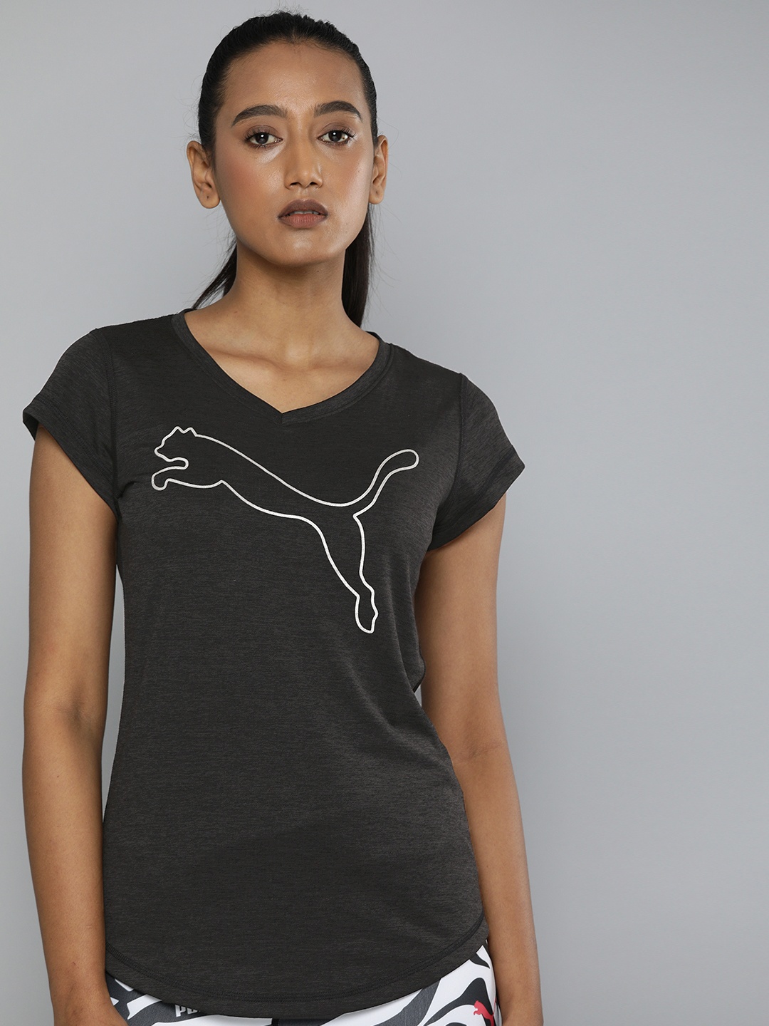 

Puma Women Charcoal Grey Logo Printed V-Neck dryCELL Slim Fit Training T-shirt