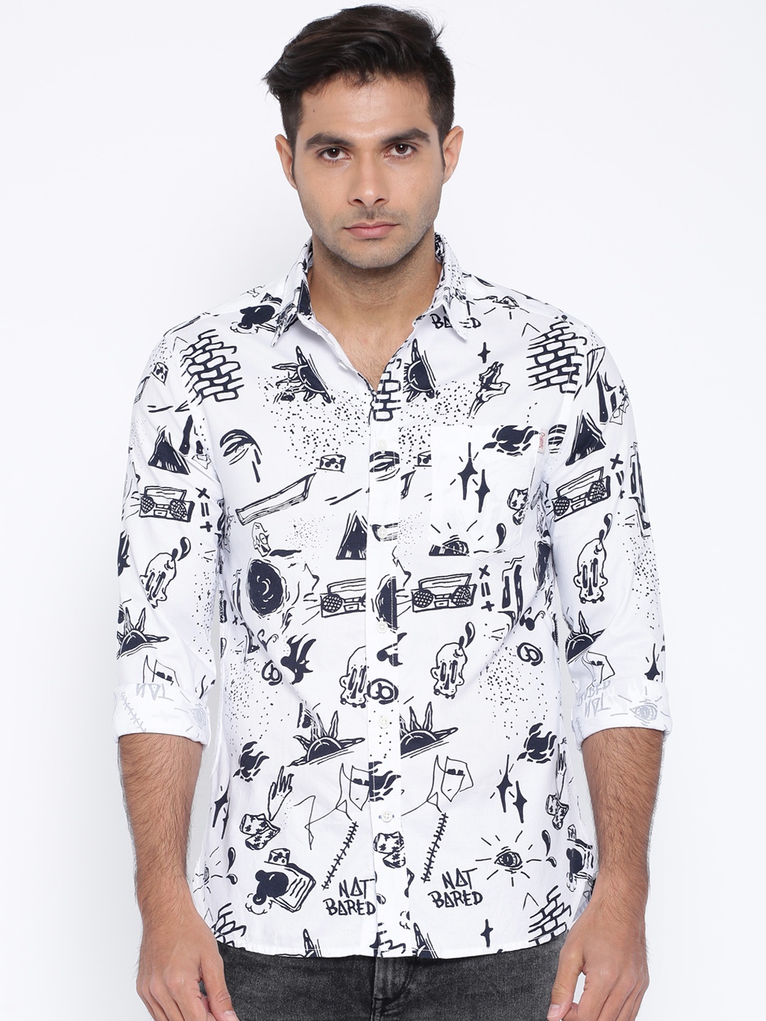 

Jack & Jones White & Navy Blue Printed Casual Shirt