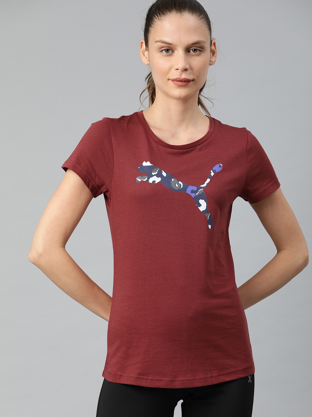 

Puma Women Maroon Leopard Cat Logo Printed Round Neck Pure Cotton T-shirt