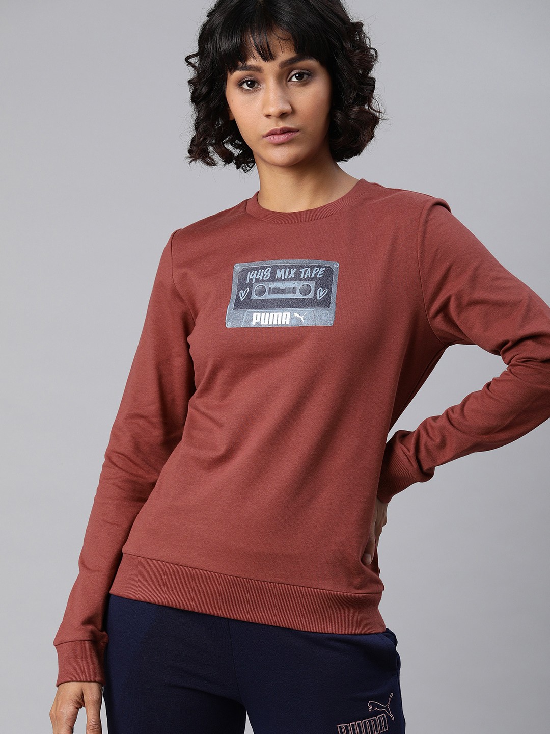 

Puma Women Rust Brown Mix Tape Graphic Crew Printed Pullover Sweatshirt