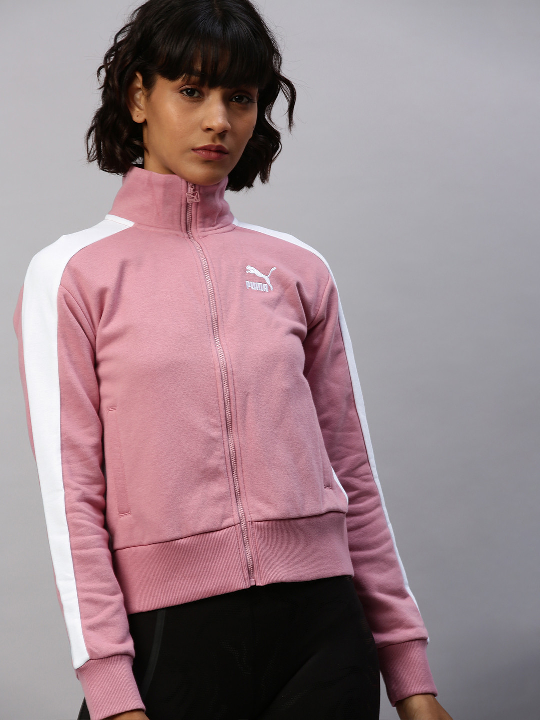 

Puma Women Pink Solid Classics T7 Track FT Sweatshirt with Side Stripes