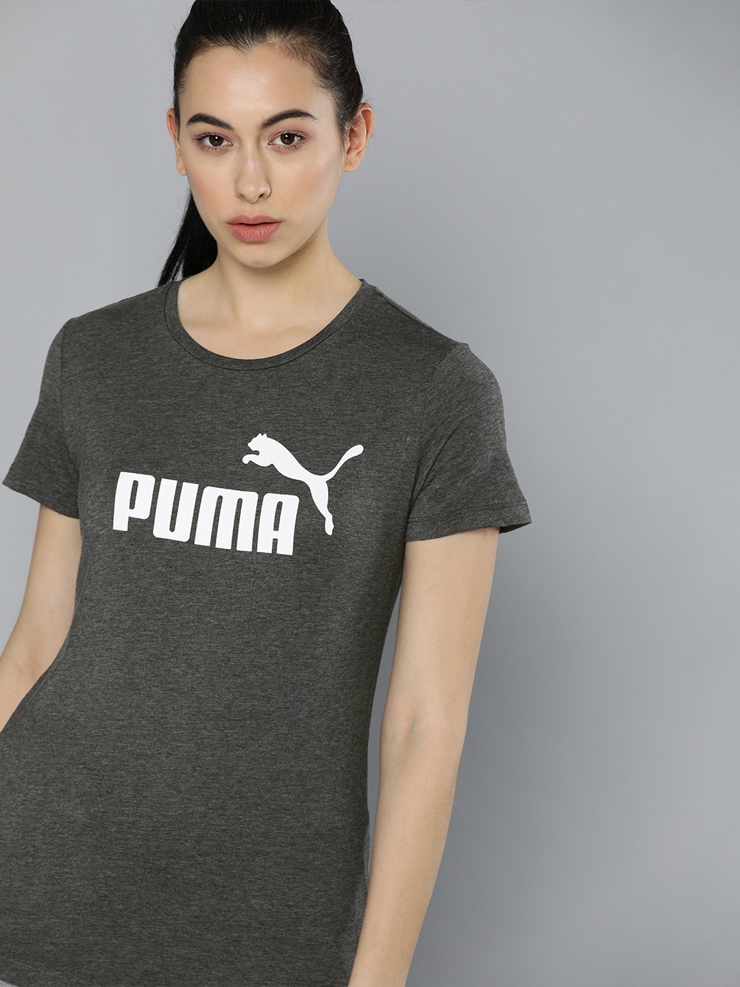 

Puma Women Charcoal Grey Printed Round Neck ESS+ Logo Heather T-shirt