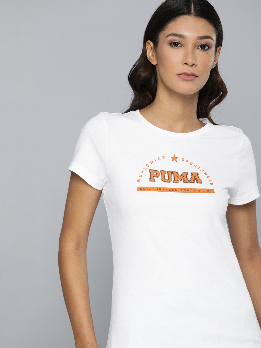 

Puma Women White Orange Brand Logo Printed Pure Cotton T-shirt